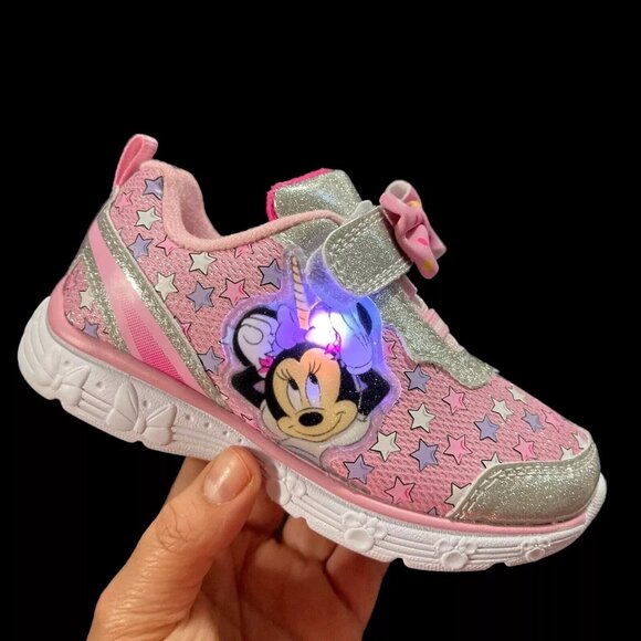 Disney Minnie Mouse Toddler Girls Light-Up Sneakers Size 10 Pink Silver Slip-on - Picture 1 of 10